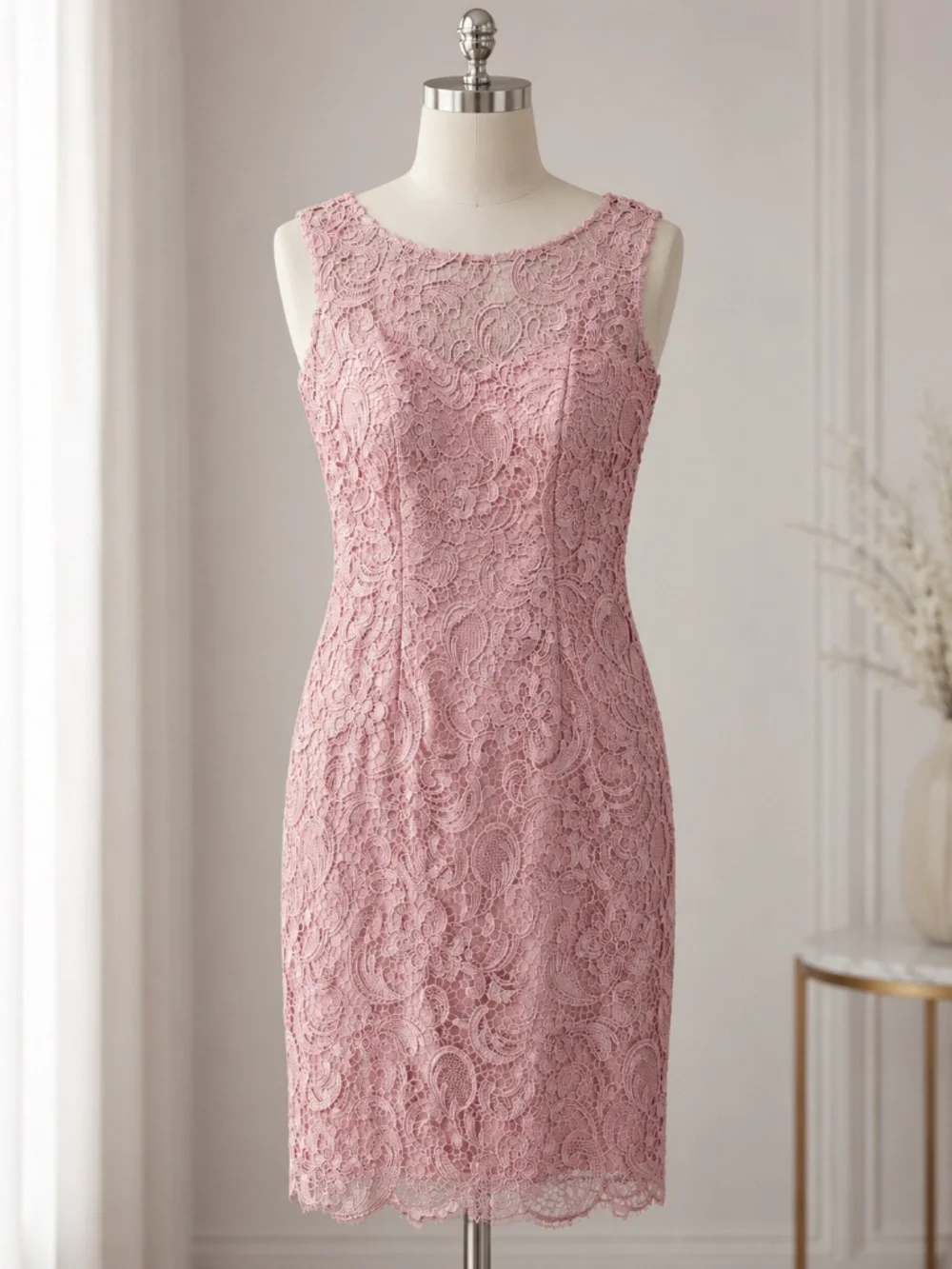Pink Lace Knee-Length Cocktail Dress with Matching Shawl - Picture 2 of 8